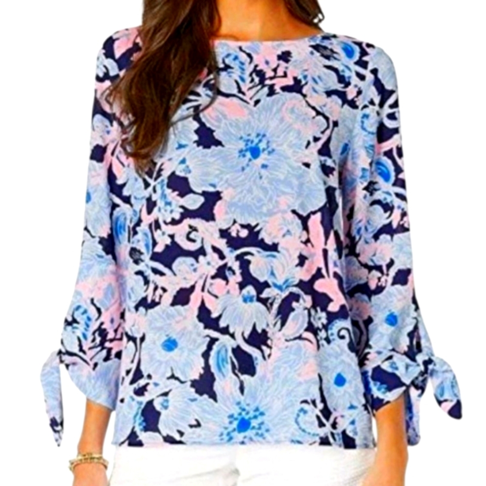 Lilly Pulitzer Langston Blouse Blue Pink Tie Sleeve Size M